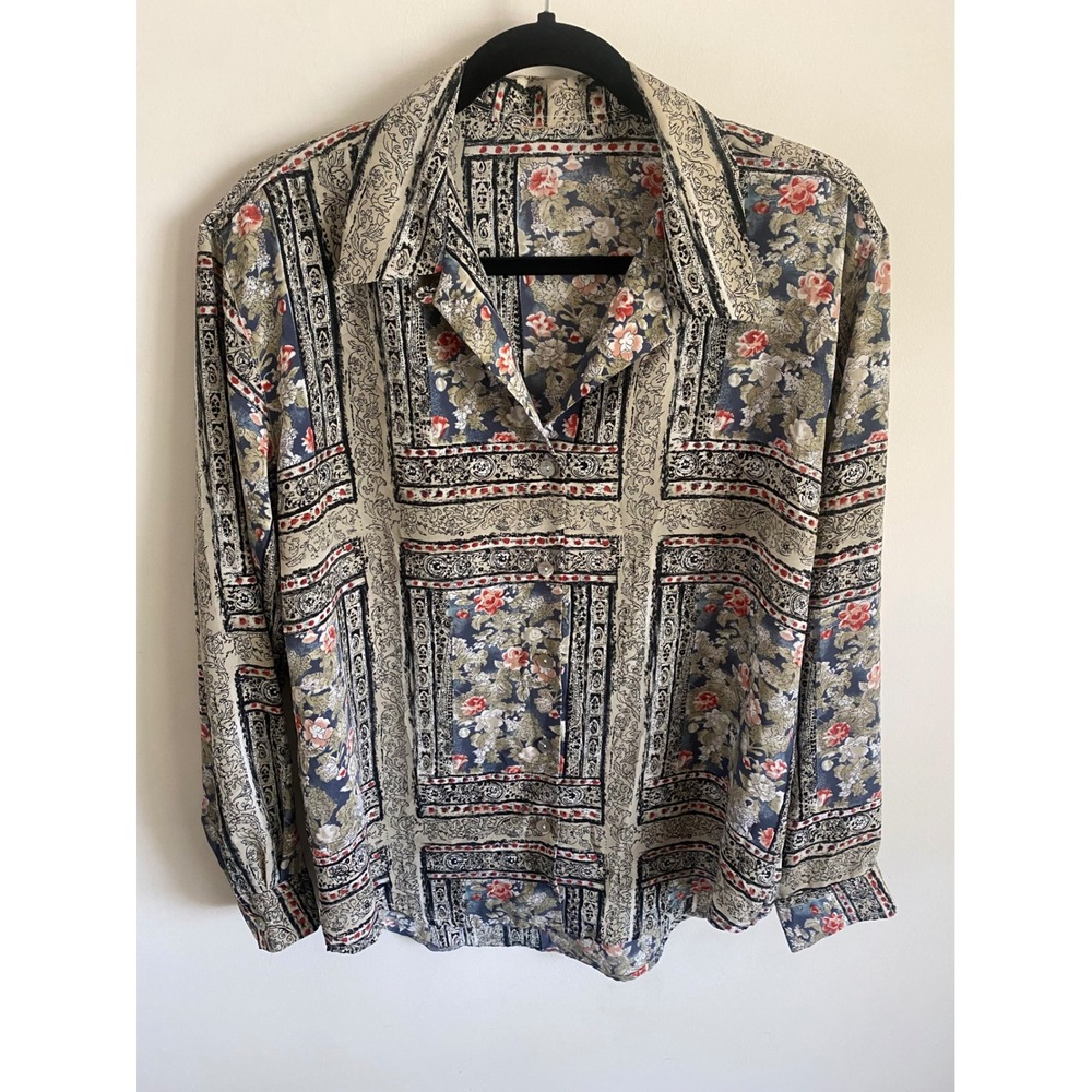 Vintage Floral Patchwork Button Down Blouse Blue Cream Red Scrollwork Top L